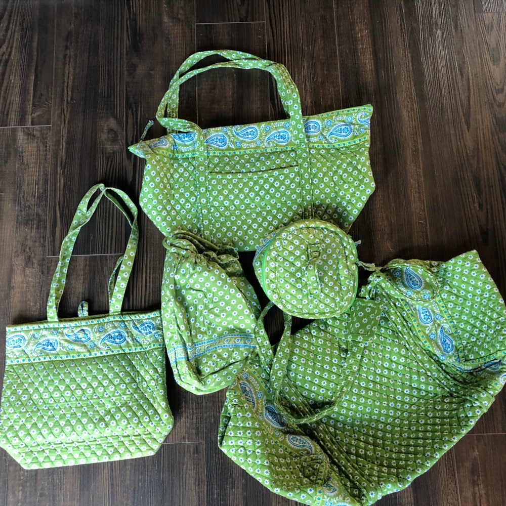 Vera Bradley Apple green 5 piece set. Large duffel, Miller, tote, dirty & makeup